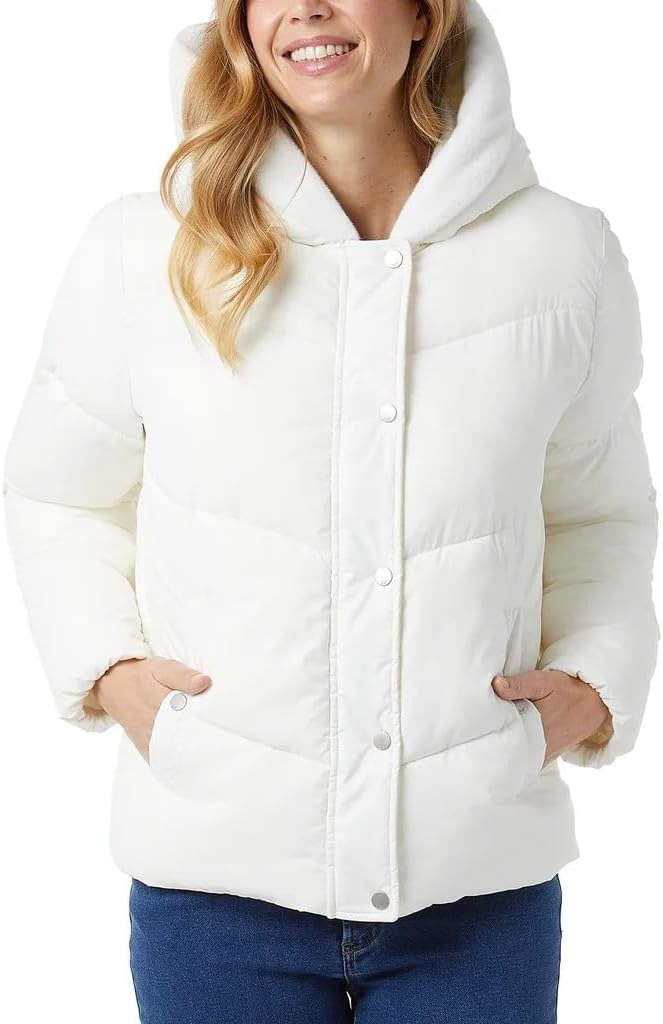 Ladies' Quilted Puffer Jacket with Plush Lined Hood, Lightweight, Polyester, Regular Fit, Wind Protection, Cold Weather, Casual Outdoor (US, Alpha, Large, Regular, Regular, White)