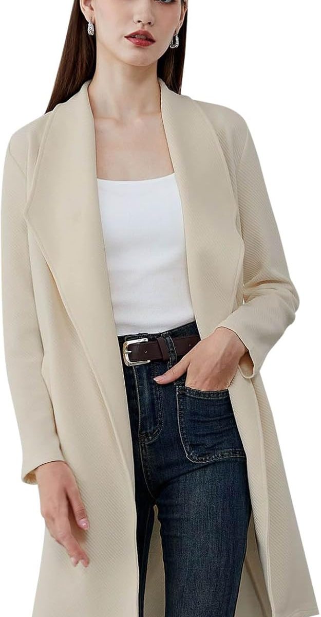 Ladies' Black/Brown/Oatmeal/Ivory Lapel Open Front Quilted Wide lapel Cotton-Blend Coat