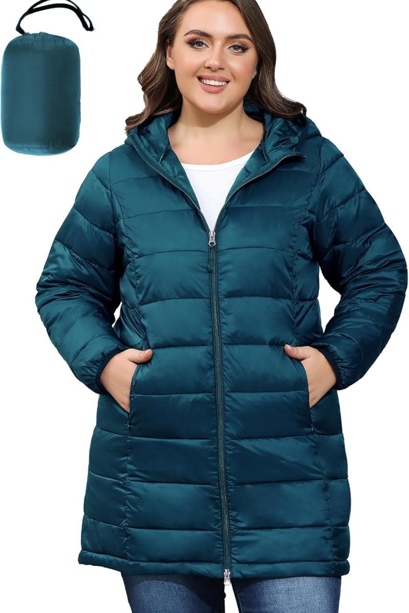Ladies' Packable Puffer Jacket, Hooded Lightweight Quilted Coat(Curve-Size 1X-6X)
