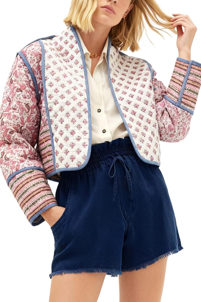 Ladies Flowered Quilted Puffer Jacket Cropped Lightweight Patchwork Vintage Padded Short Coat Outerwear