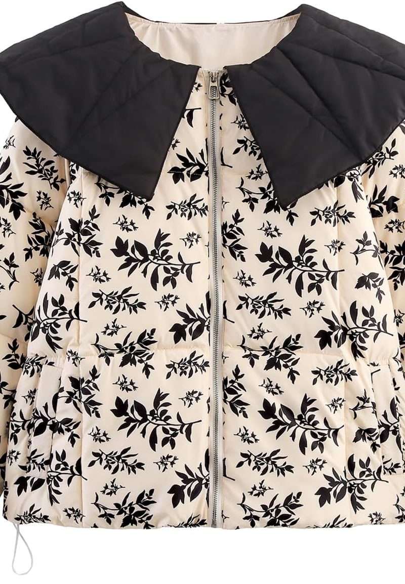 Ladies' Patterned Quilted Puffer Jackets Peter Pan Collar Zip Padded Puffy Jacket Coat featuring Pockets Drawstring Hem