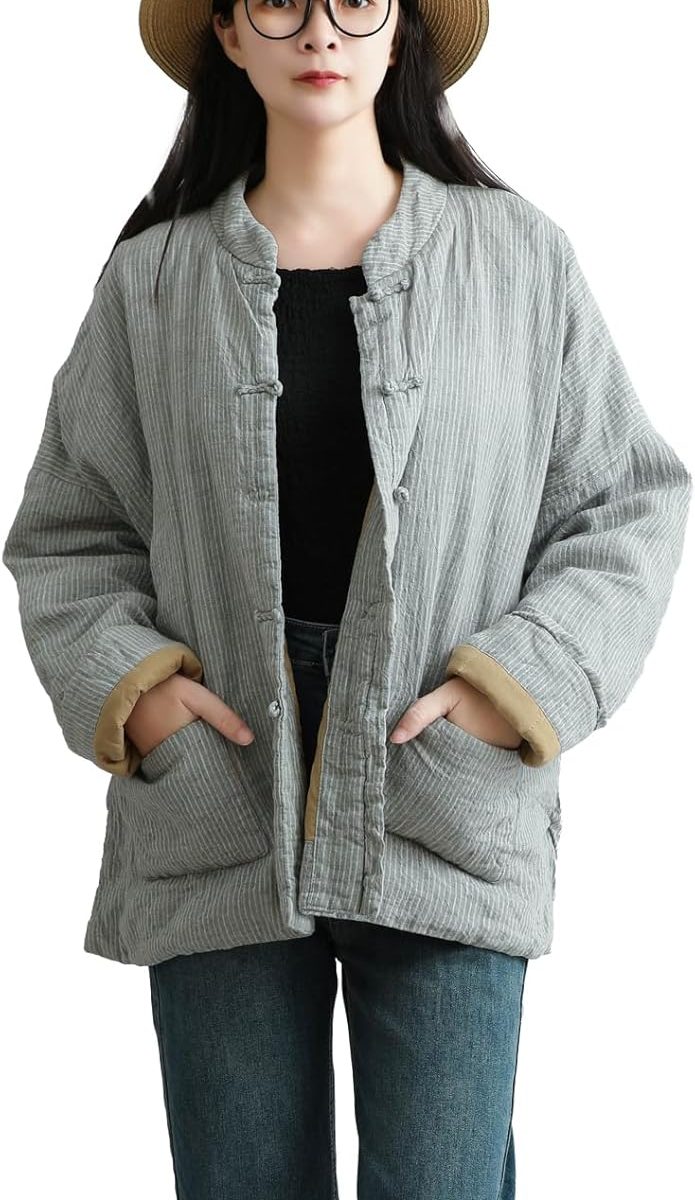 Ladies' Linen Stitched Button Jacket Stripes Everyday Loose Warm Top featuring Pockets Outerwear