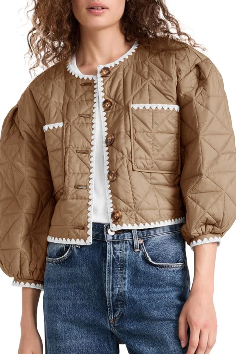 Ladies' Cropped Stitched Jacket Cold-Weather Light Puff 3/4 Sleeve Button-Front Contrast Trim Coat