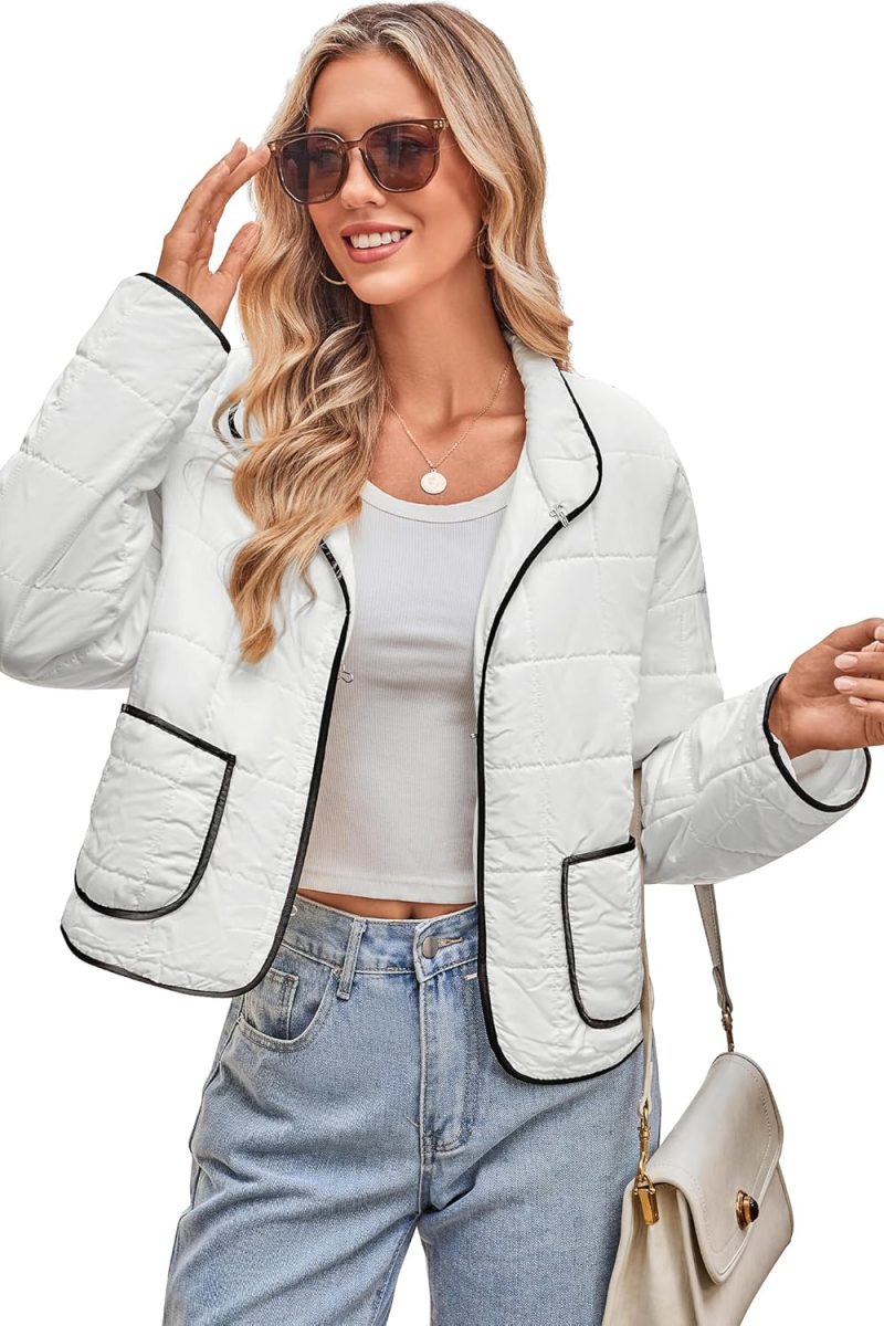 Ladies' Color Block Stitched Padded Jacket Everyday Padded Coat Light Hook and Eye Short Outwear with Patch Pockets